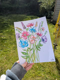 Hand-Drawn Floral Art Print – Colourful Wildflower Illustration (B4, A5, 7x7")