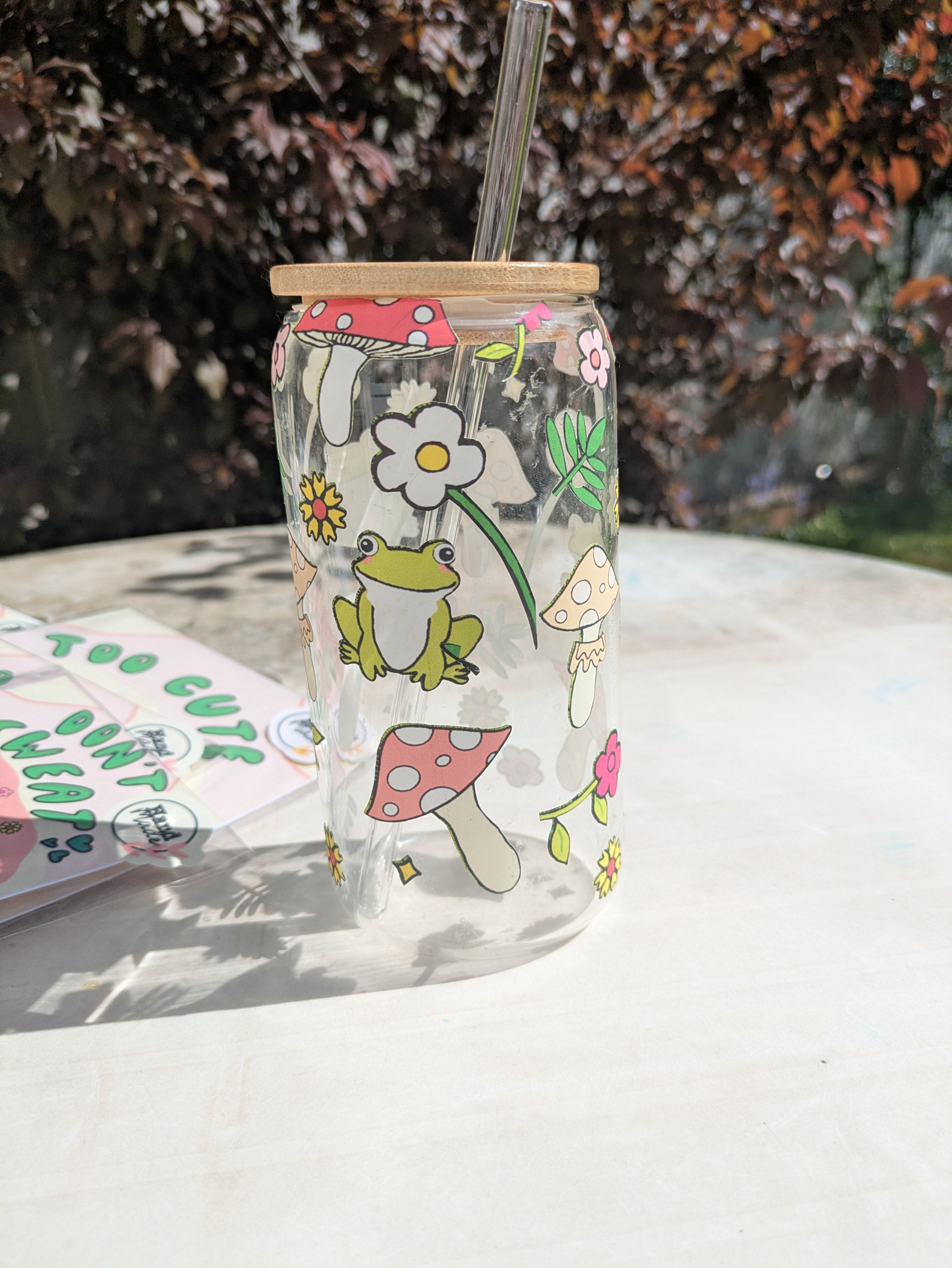 Frog & Mushroom Glass Tumbler with Bamboo Lid & Straw 🍄🐸