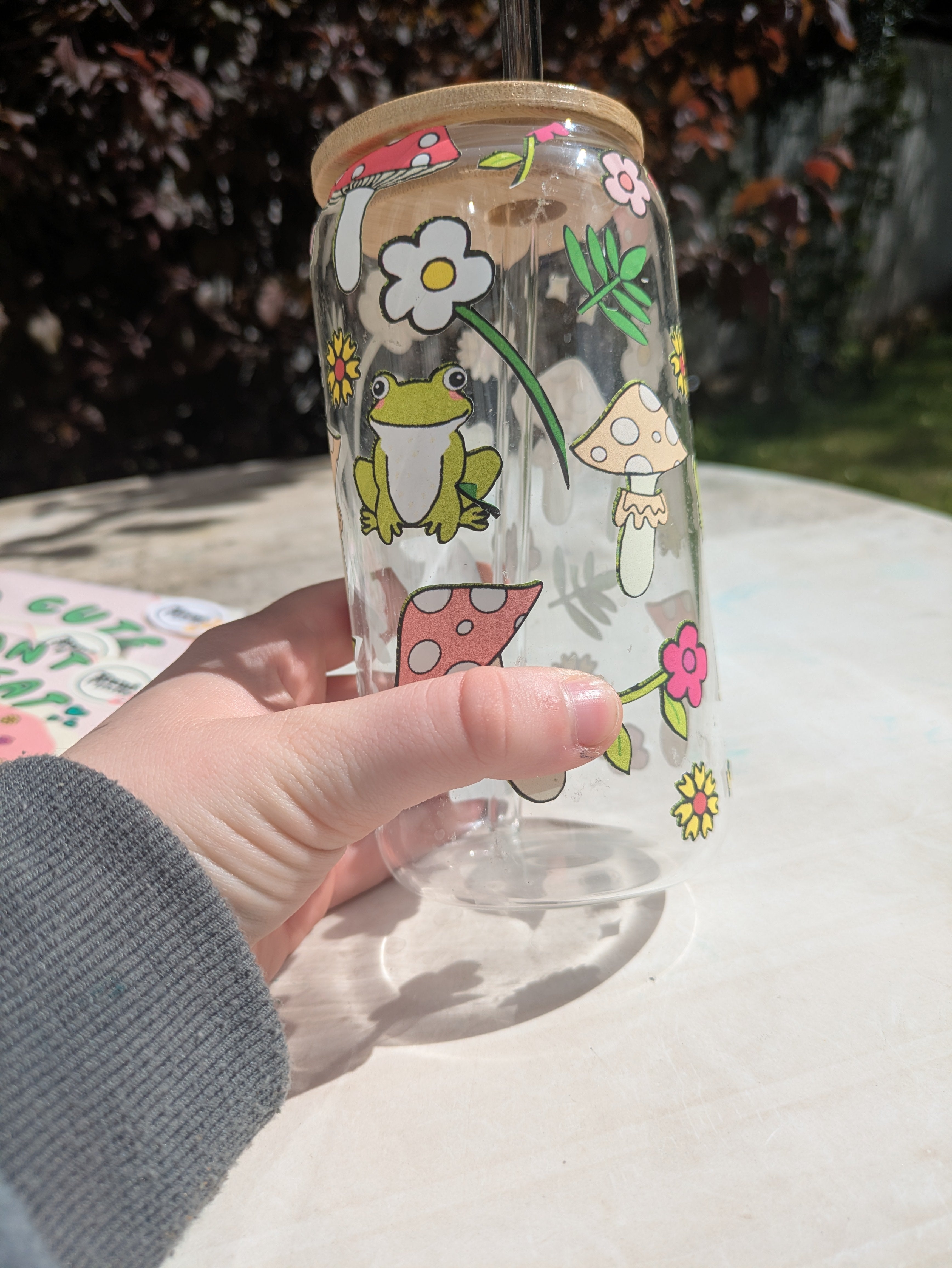 Frog & Mushroom Glass Tumbler with Bamboo Lid & Straw 🍄🐸