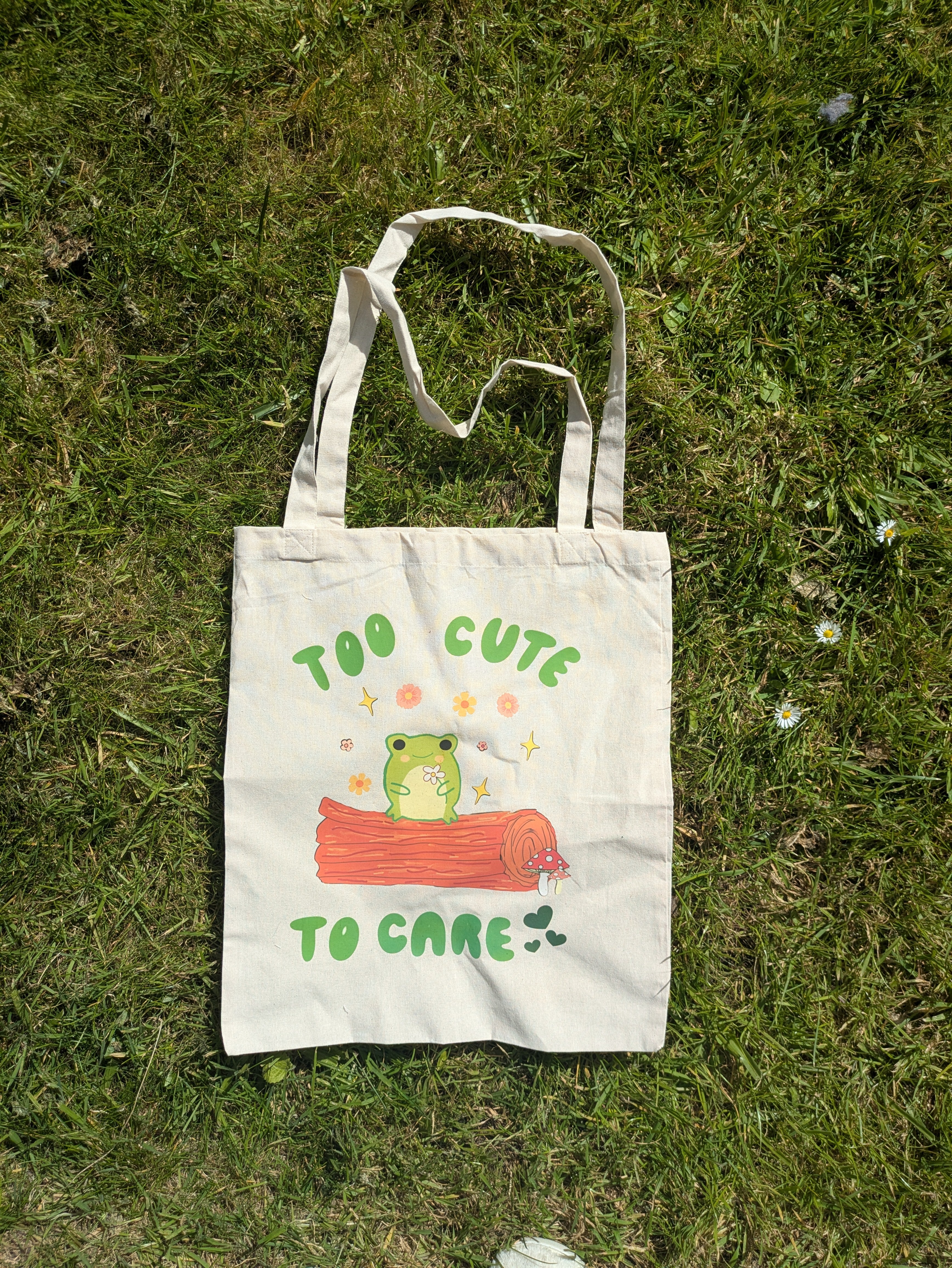 Too Cute to Care Frog Tote Bag – Cute Aesthetic Canvas Tote 🐸✨