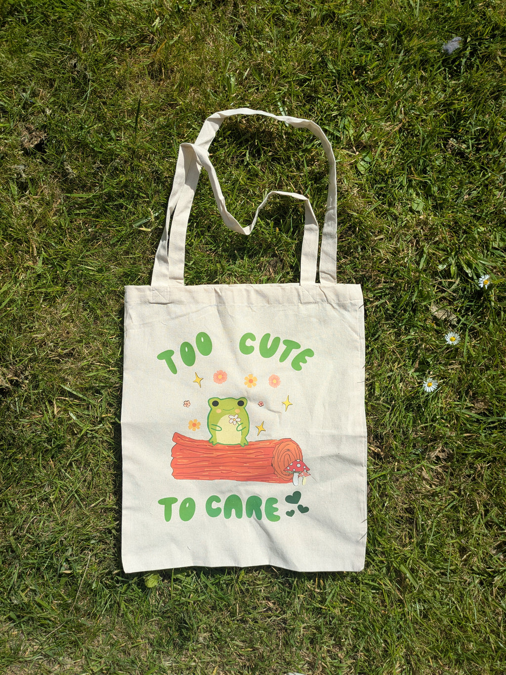 Too Cute to Care Frog Tote Bag – Cute Aesthetic Canvas Tote 🐸✨