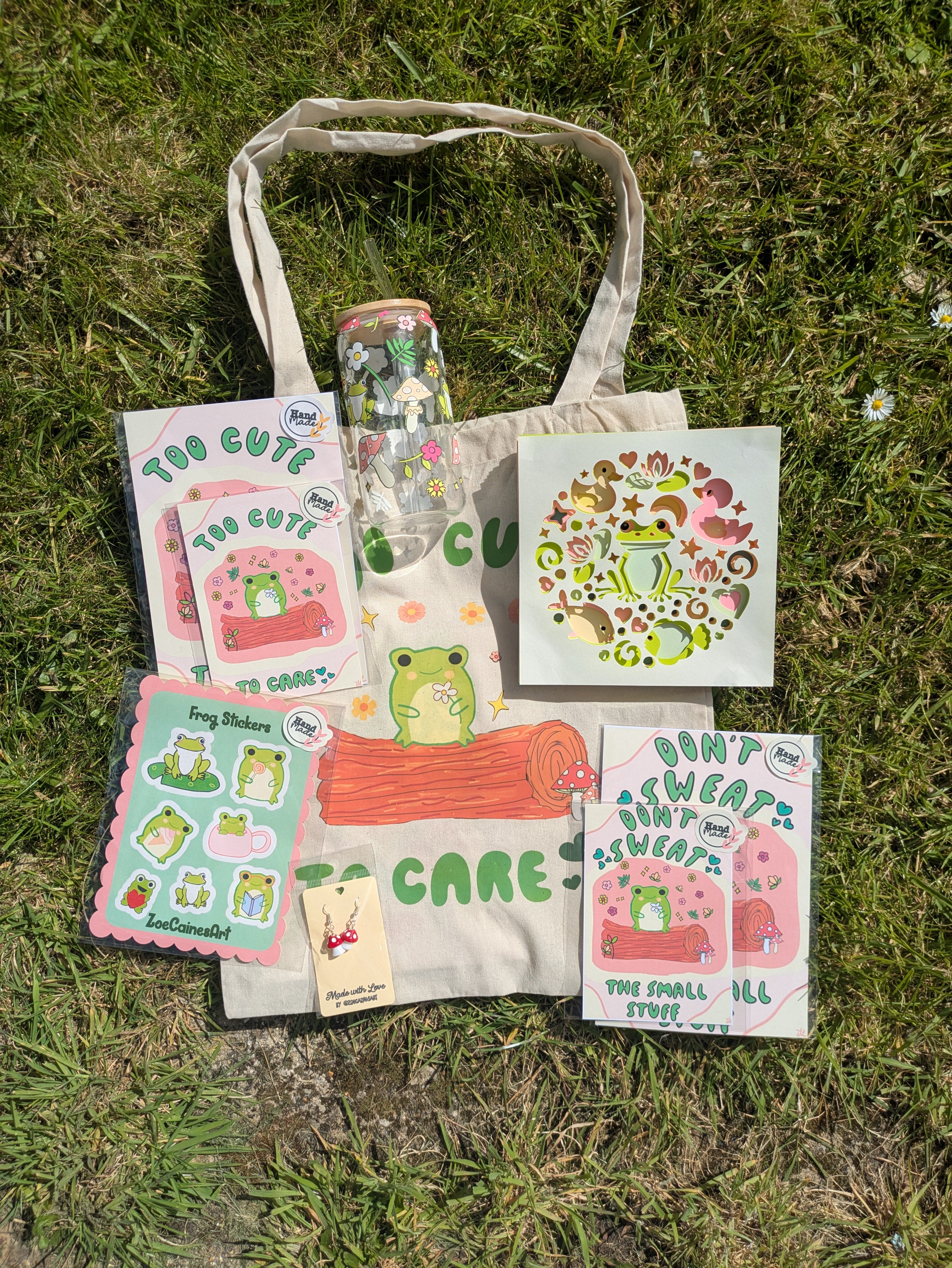 Cute Frog + Mushroom Gift Bundle – Tote Bag, Stickers, Prints, & Accessories