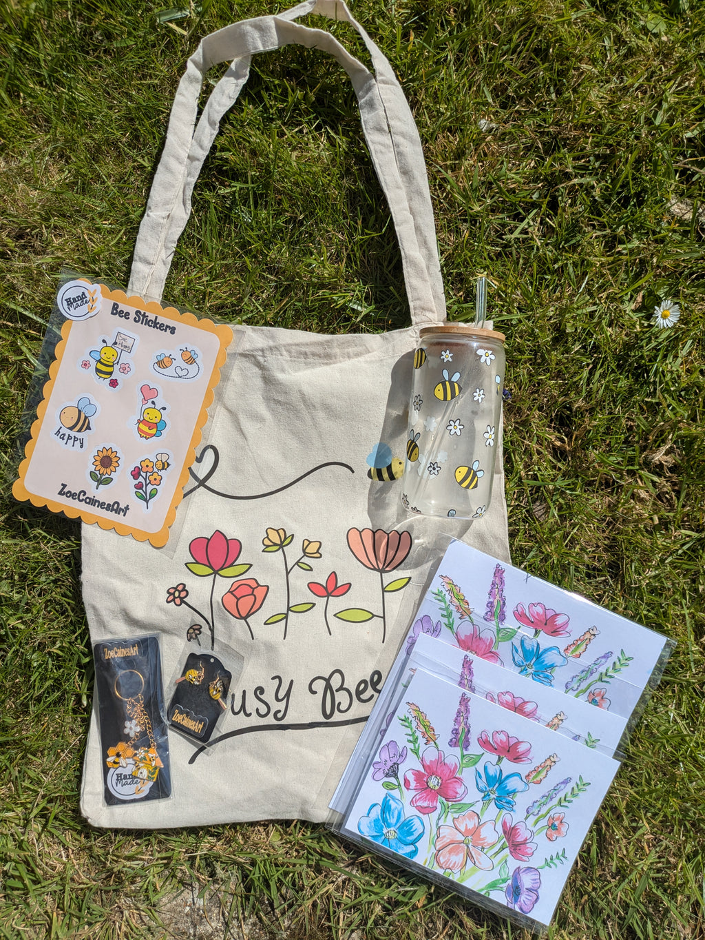 Busy Bee Gift Bundle – Tote, Stickers, Glass Cup & Accessories 🐝🌸