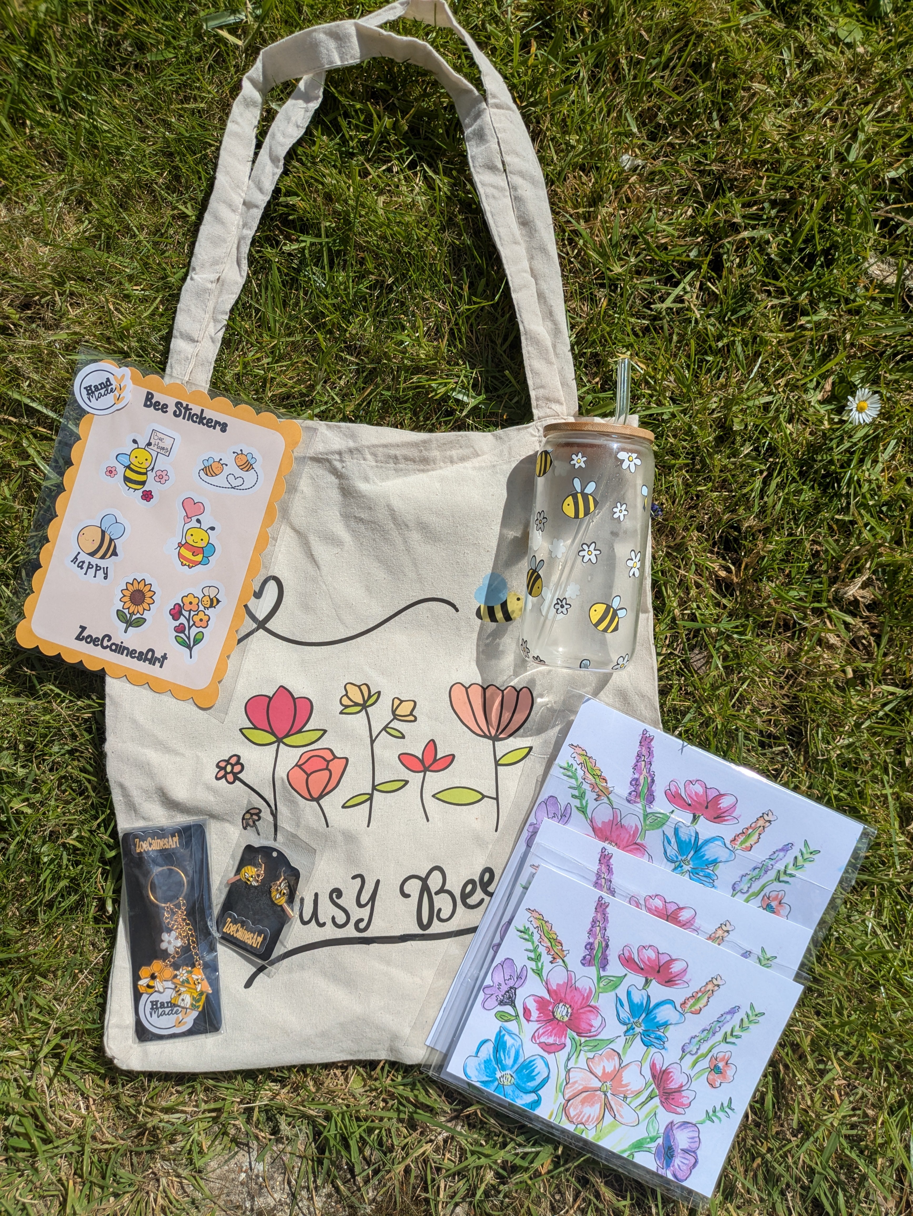 Busy Bee Gift Bundle – Tote, Stickers, Glass Cup & Accessories 🐝🌸