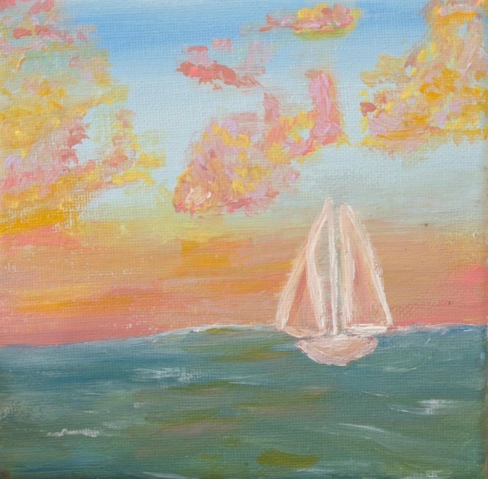Original Pastel Sunset Sailboat Painting – Coastal Cottage Art (6x6")