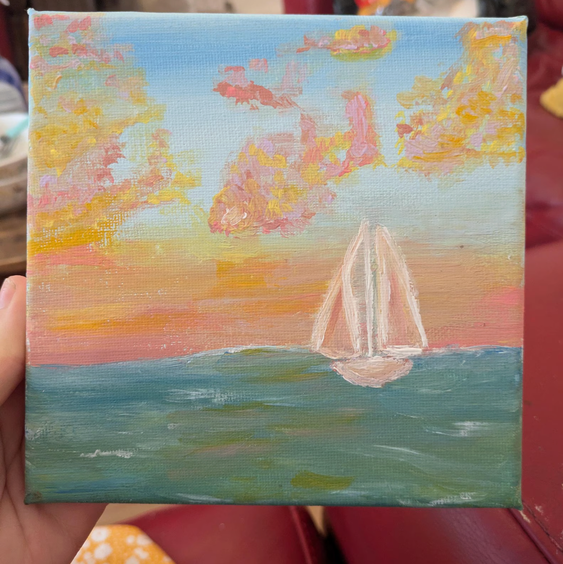 Original Pastel Sunset Sailboat Painting – Coastal Cottage Art (6x6")