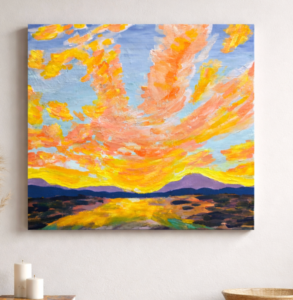 Original Acrylic Sunset Painting – Textured Impressionist Landscape, 9.5" x 9.5"