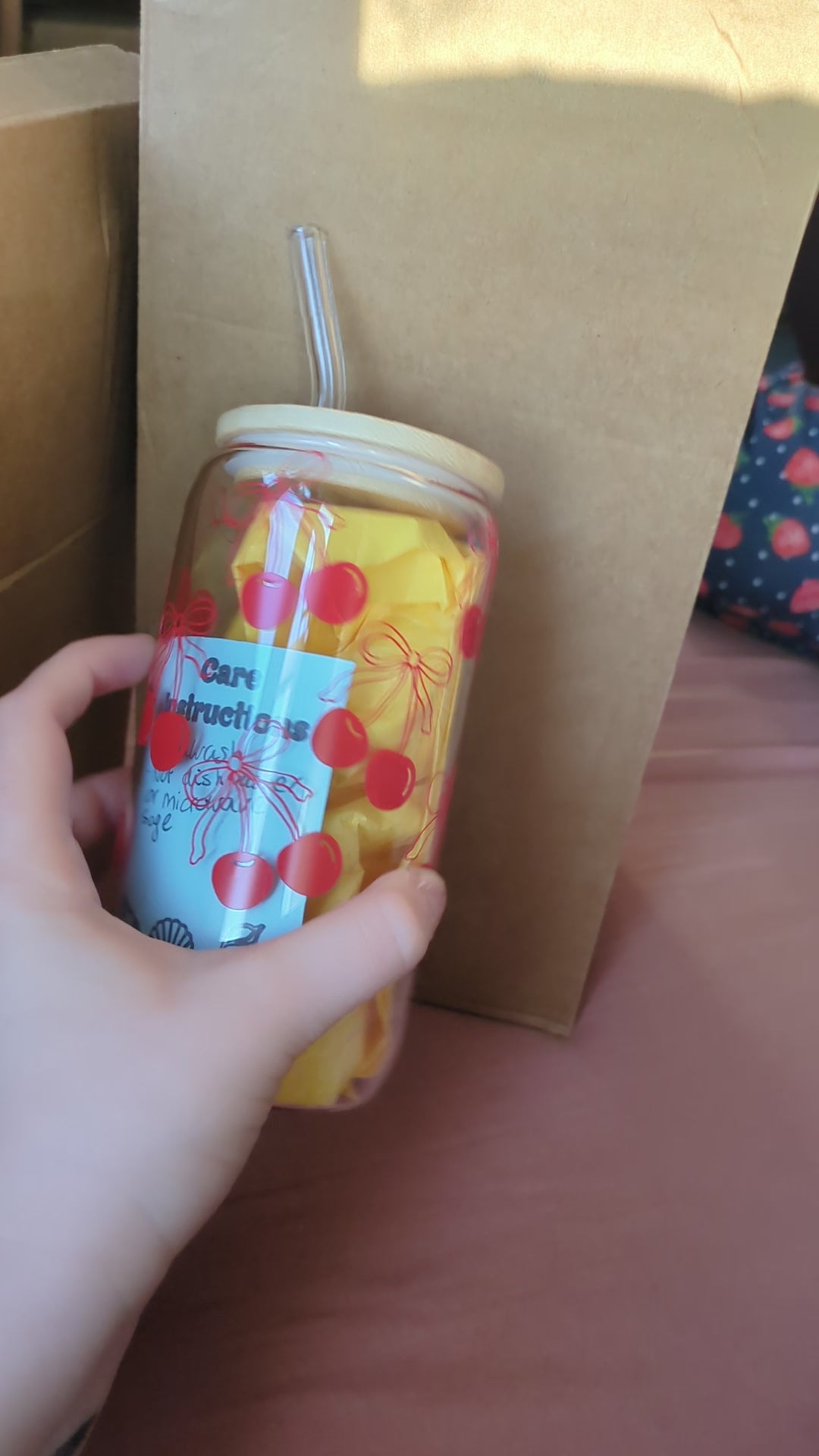 Cherry Bow Glass Tumbler with Bamboo Lid & Glass Straw