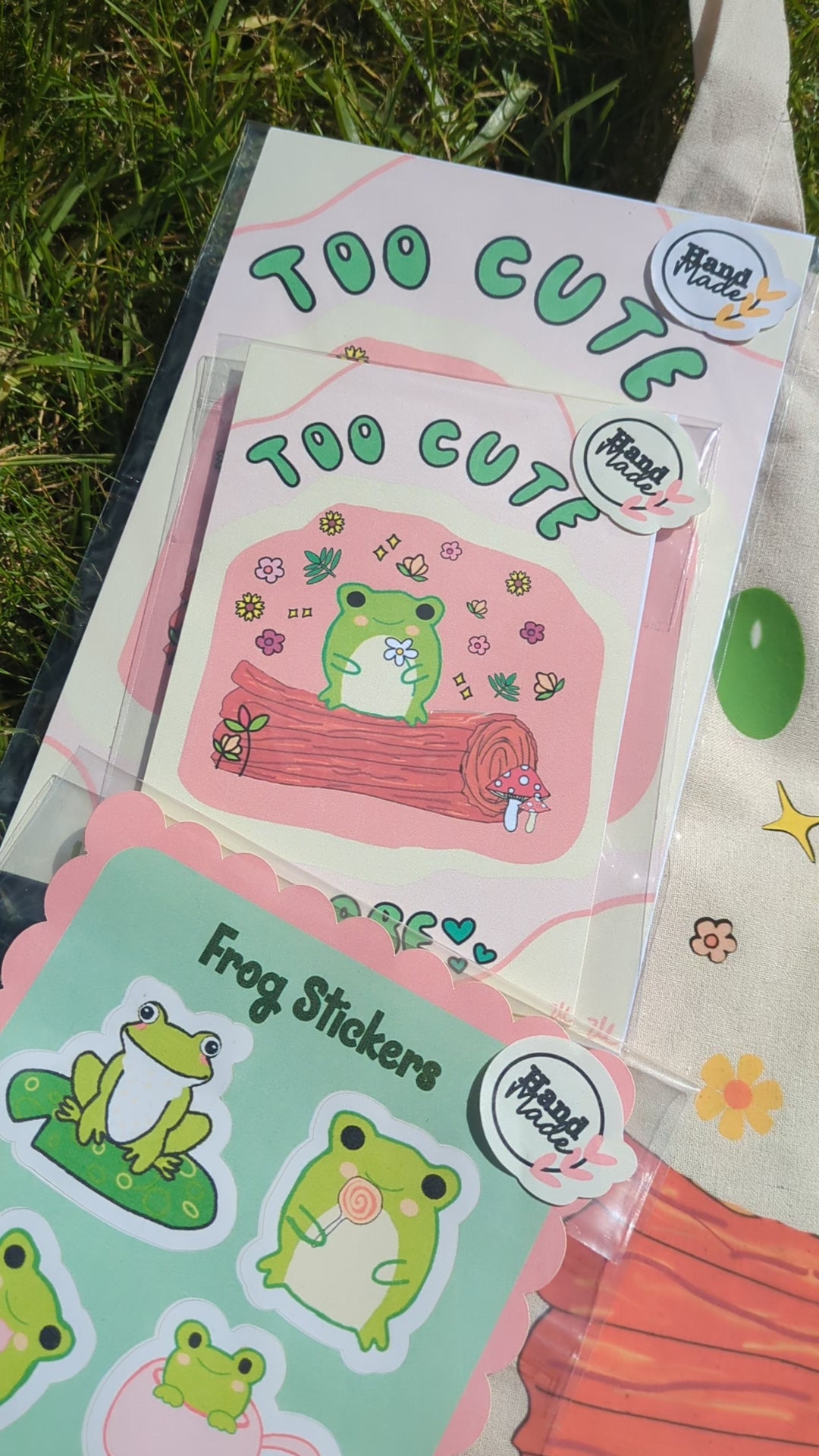 Cute Frog + Mushroom Gift Bundle – Tote Bag, Stickers, Prints, & Accessories