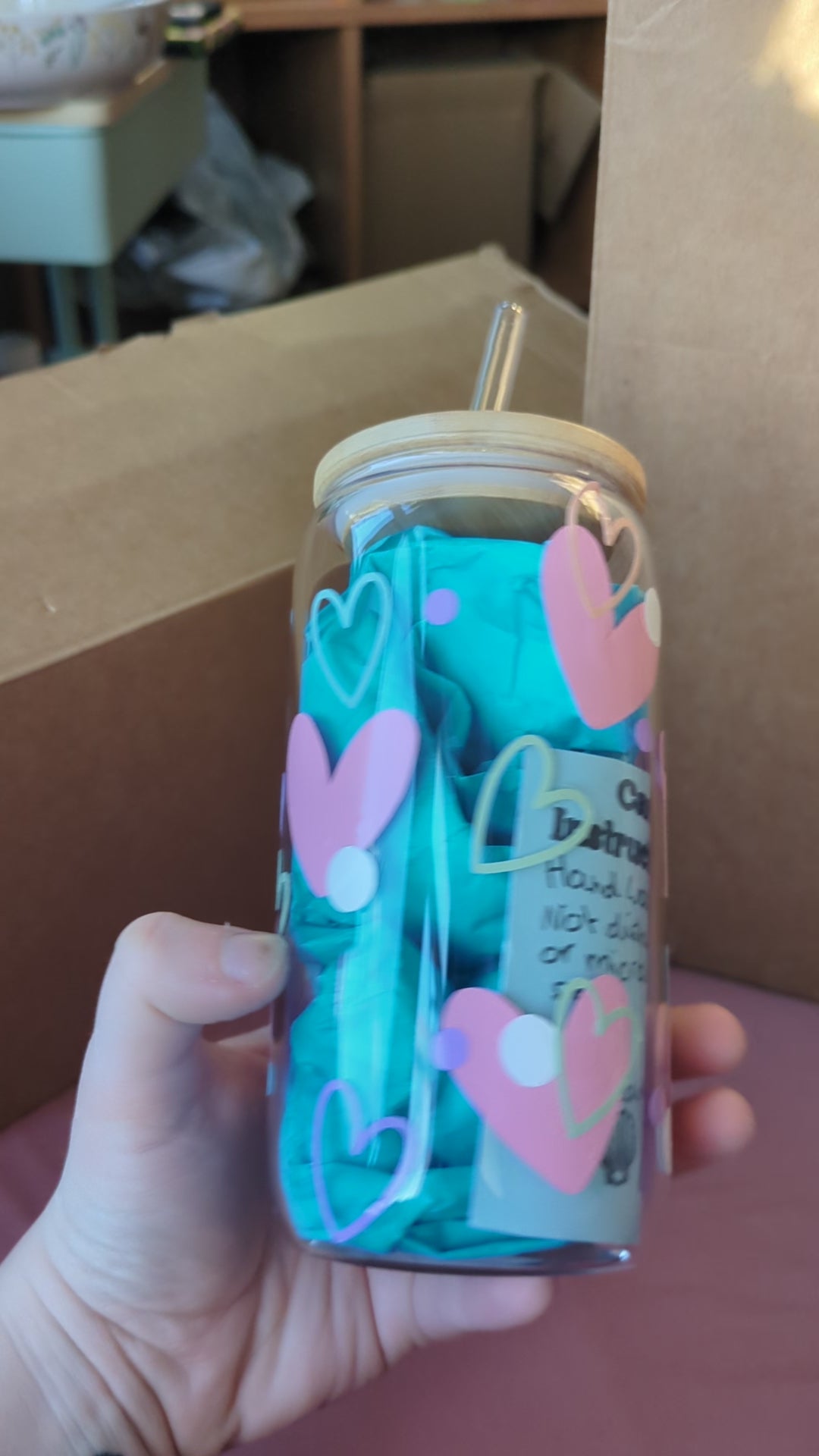 Pastel Hearts Glass Tumbler with Bamboo Lid & Glass Straw