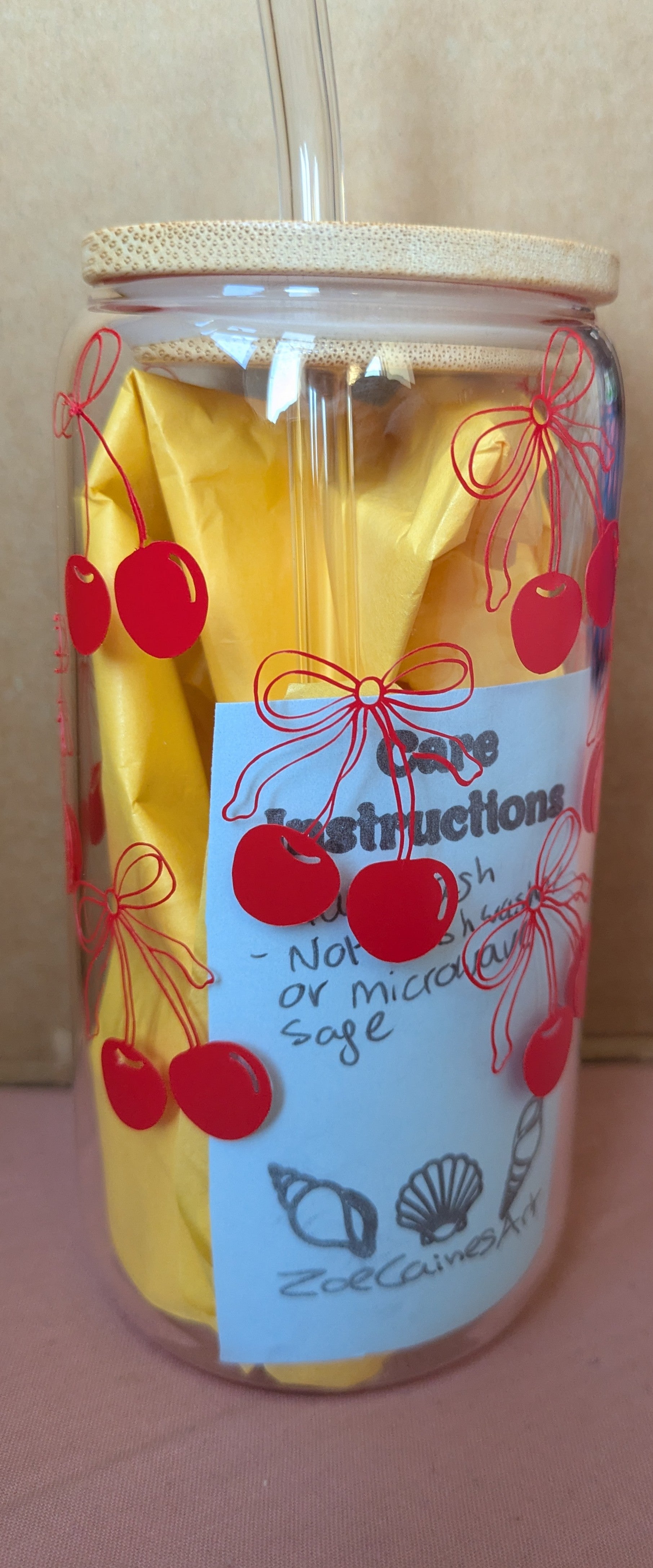 Cherry Bow Glass Tumbler with Bamboo Lid & Glass Straw