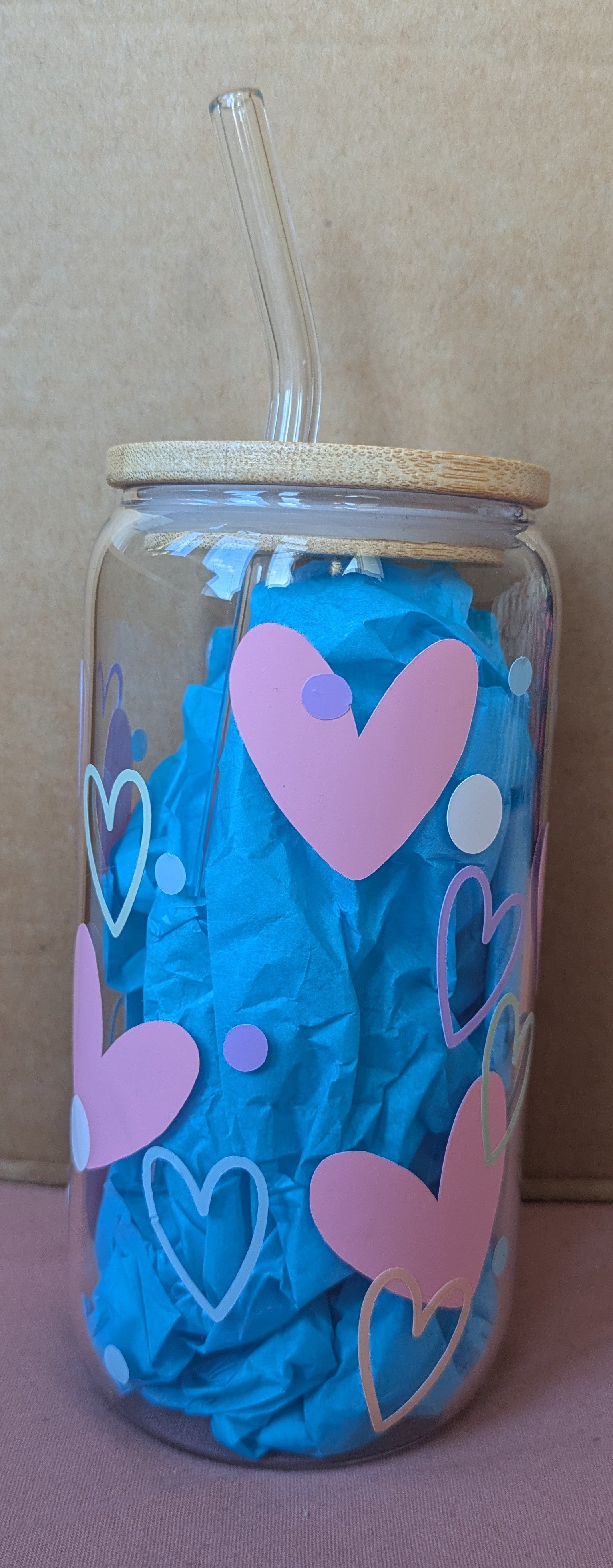 Pastel Hearts Glass Tumbler with Bamboo Lid & Glass Straw
