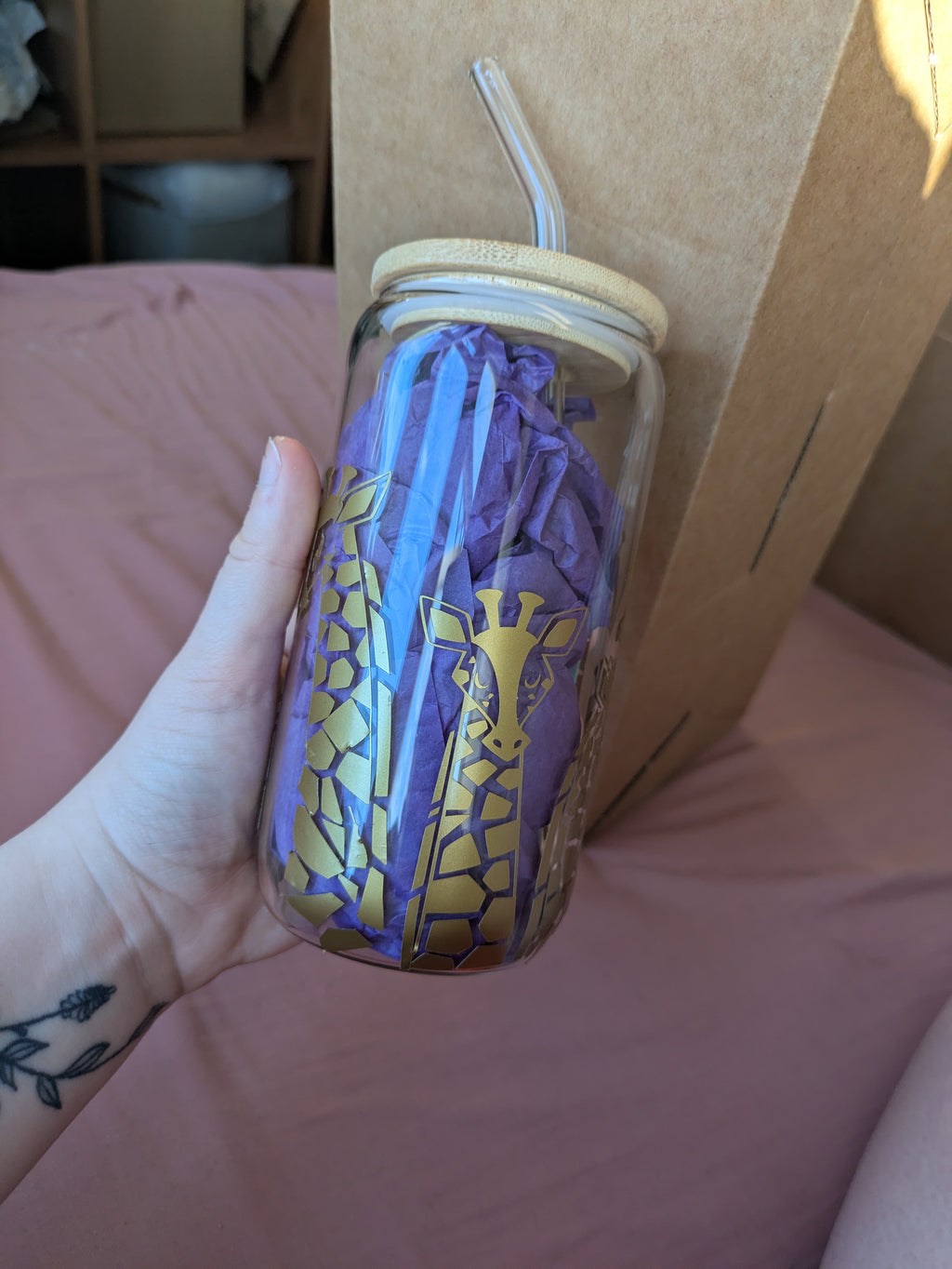 Giraffe Glass Tumbler with Bamboo Lid & Glass Straw